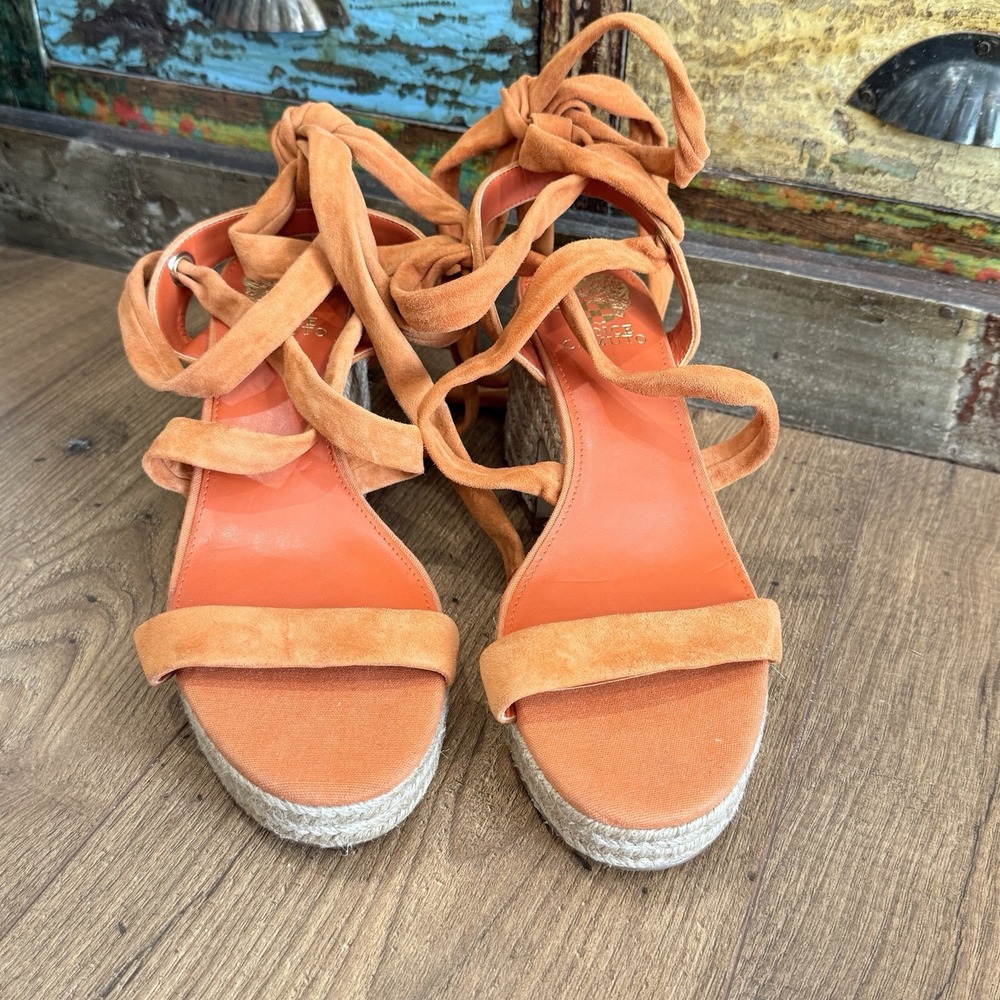 Vince Camuto Roreka Lace Up Espadrille Block Heel Sandals Orange Apricot Sz 9M - Picture 3 of 6
